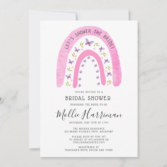 Invitation Fête des mariées papillon arc-en-ciel rose Boho (Devant)