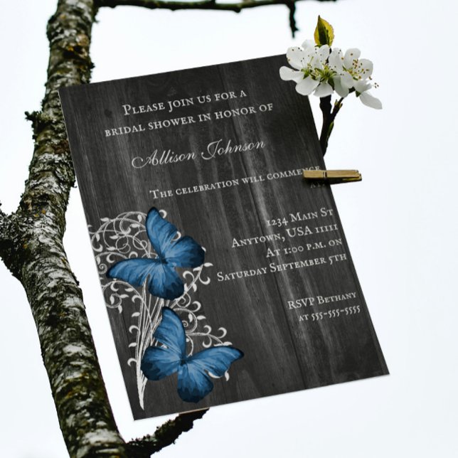 Invitation Fête des mariées papillon bleu rustique (Blue Rustic Butterfly Bridal Shower Invitation)