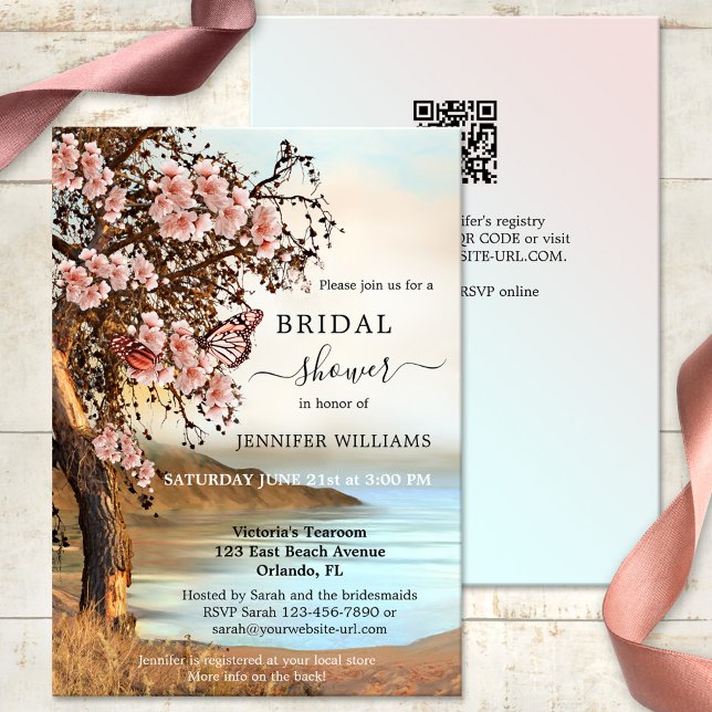 Invitation Fête des mariées papillon cerisier rose (Bridal shower invitation with a cherry tree and pink butterflies on the waterfront - with QR code)
