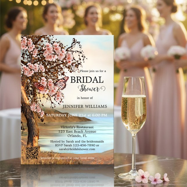 Invitation Fête des mariées papillon rose cerise en fleur (Original bridal shower invitation featuring pink butterflies on a blossoming cherry tree at a lake)