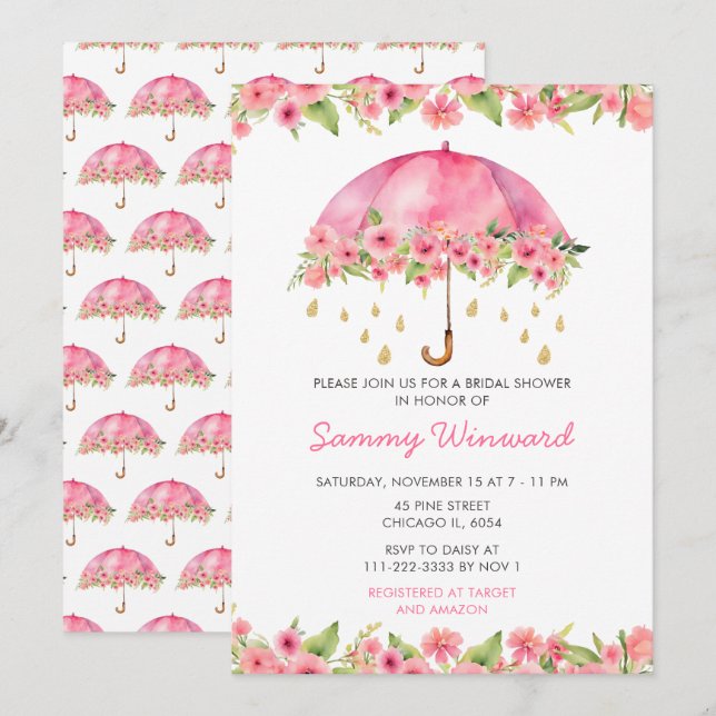Invitation Fête des mariées parapluie rose (Devant / Derrière)