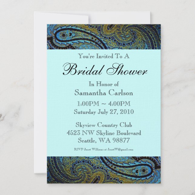 Invitation Fête des mariées Peacock turquoise Blue Paisley (Devant)