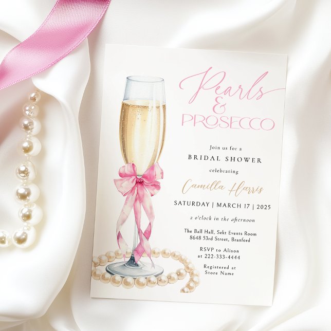 Invitation Fête des mariées Perles & Prosecco Pink Bow (Créateur téléchargé)