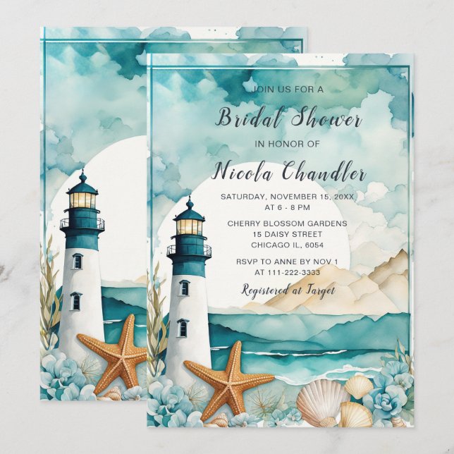 Invitation Fête des mariées phare nautique (Devant / Derrière)