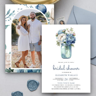 Invitation Fête des mariées photo Dusty Blue Floral Mason Jar