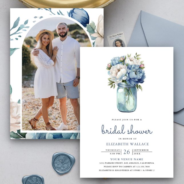 Invitation Fête des mariées photo Dusty Blue Floral Mason Jar (Créateur téléchargé)