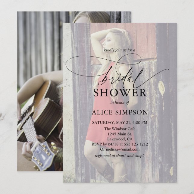 Invitation Fête des mariées photo moderne à script chic (Devant / Derrière)