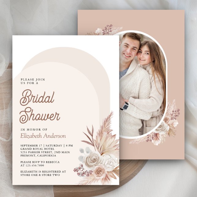 Invitation Fête des mariées photo Neutral Beige Floral Pampas (Créateur téléchargé)
