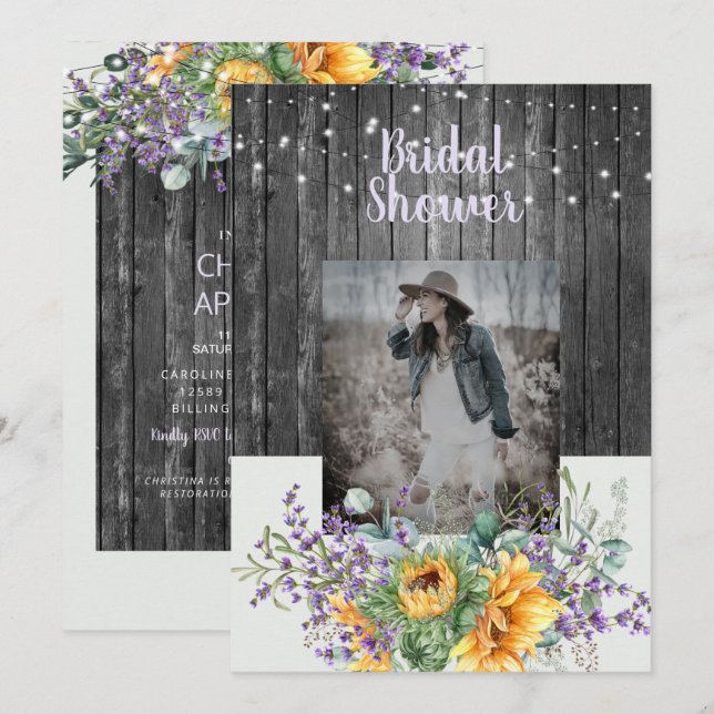 Invitation Fête des mariées photo Rustic Sunflower Lavender (Devant / Derrière)