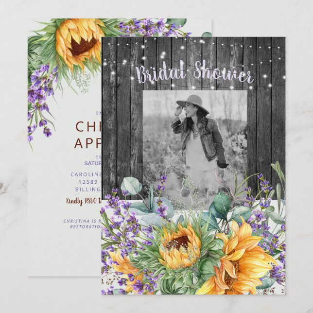 Invitation Fête des mariées photo Rustic Sunflower Lavender I (Devant / Derrière)