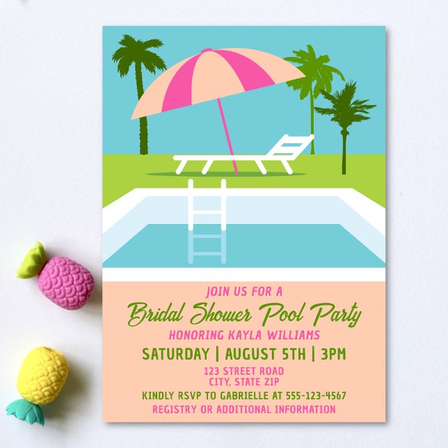 Invitation Fête des mariées Piscine tropicale (Bridal shower pool party invitation on a light background with tropical pineapple decorations.)