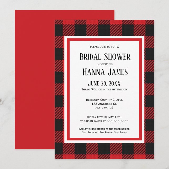 Invitation Fête des mariées Plaid de Buffalo Noir Rouge (Devant / Derrière)