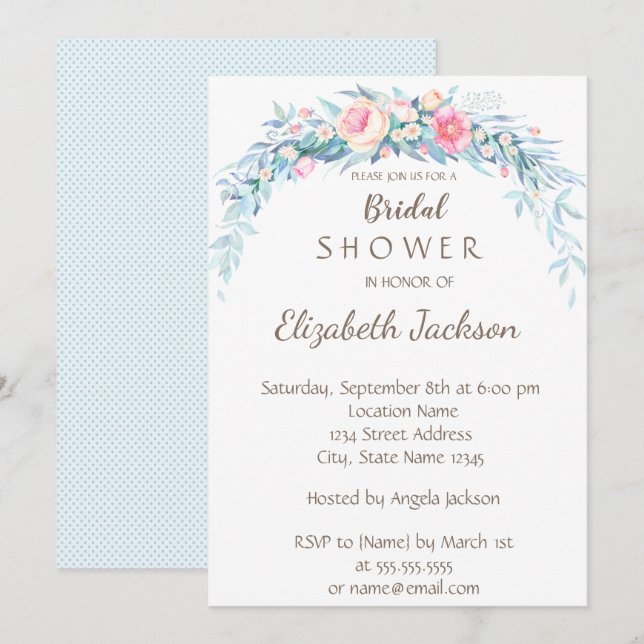 Invitation Fête des mariées Pois des fleurs d'aquarelle (Devant / Derrière)