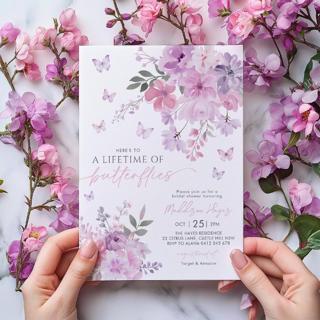 Invitation Fête des mariées pourpre de la vie des papillons (Here's a lifetime of butterflies | Purple floral butterfly bridal shower invitation)