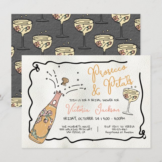 Invitation Fête des mariées Presecco et Petals dessinés à la  (Devant / Derrière)