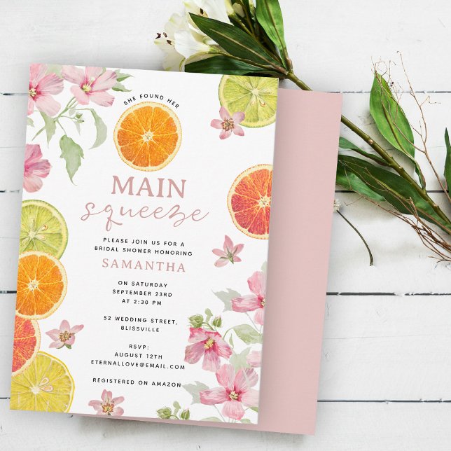 Invitation Fête des mariées principale de taille rose Citrus  (Citrus Pink Main Squeeze Bridal Shower Brunch Invitation)