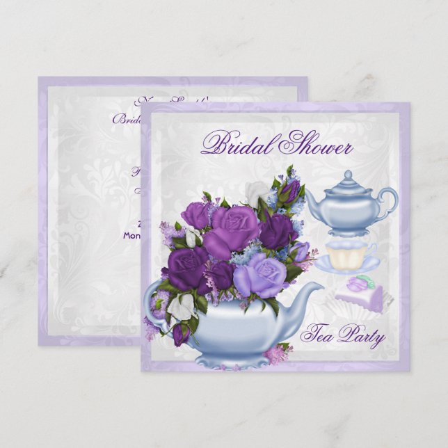 Invitation Fête des mariées Purple Blue Floral Tea Party (Devant / Derrière)