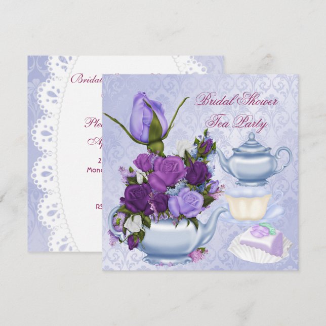 Invitation Fête des mariées Purple Floral Tea Party (Devant / Derrière)