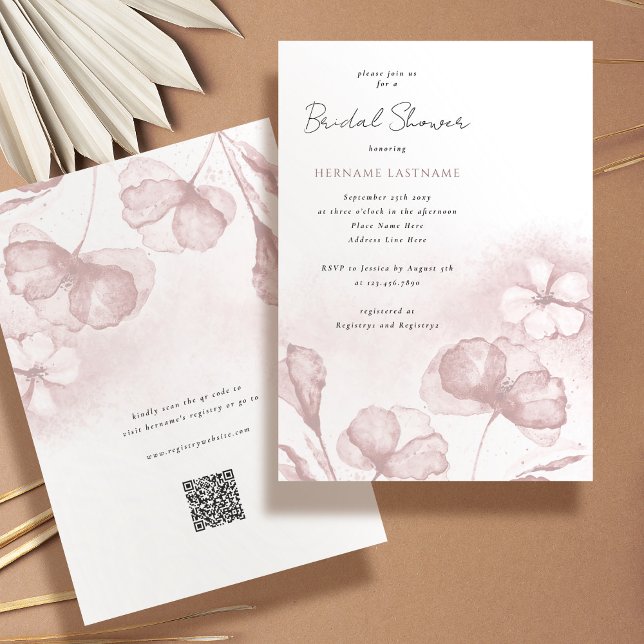 Invitation Fête des mariées QR couleur Aquarelle rose pâle (Créateur téléchargé)