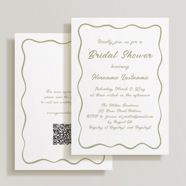 Invitation Fête des mariées QR Olive Green à cadre vague simp (Créateur téléchargé)