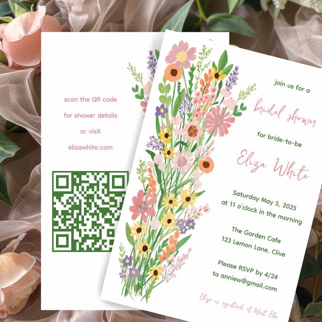 Invitation Fête des mariées QR personnalisée peinte à la main (Wildflowers Handpainted Custom QR Bridal Shower Invitation
)