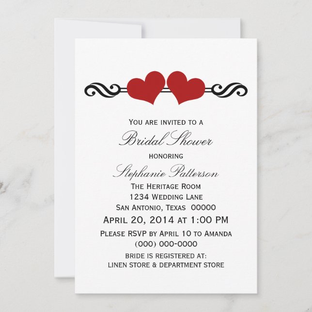 Invitation Fête des mariées Red Elegant Hearts (Devant)
