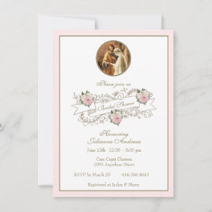 Invitation Fête des mariées religieuse catholique rose or flo