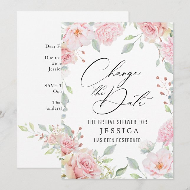 Invitation Fête des mariées Reportée Date Elegant Blush Roses (Devant / Derrière)