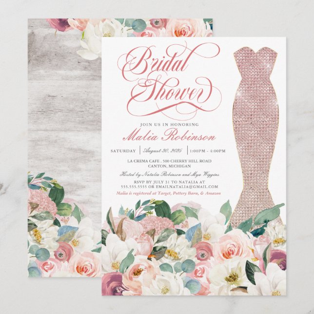 Invitation Fête des mariées robe glam Gown rose floral (Devant / Derrière)
