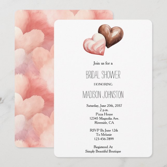 Invitation Fête des mariées Romantique Chocolat fraise Coeurs (Devant / Derrière)
