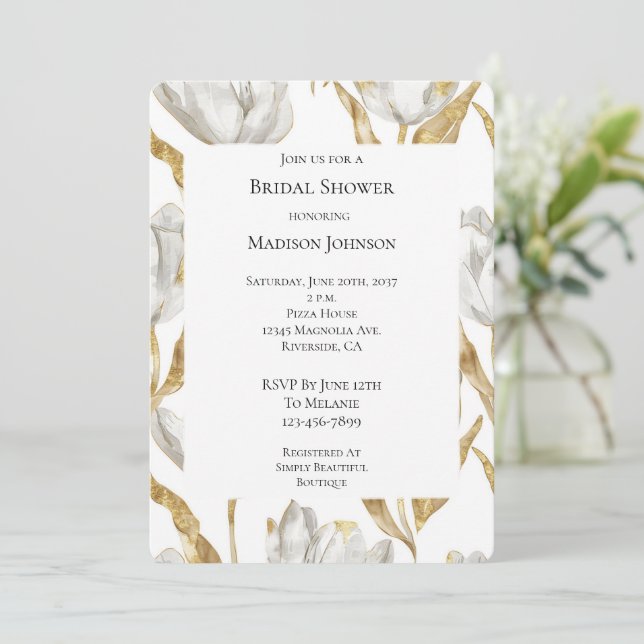 Invitation Fête des mariées Romantique Gold White Floral Tuli (Debout devant)