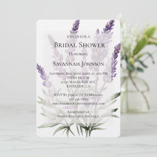 Invitation Fête des mariées Romantique Violet Lavande Fleurs (Debout devant)