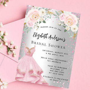 Invitation Fête des mariées rose argent robe parties scintill