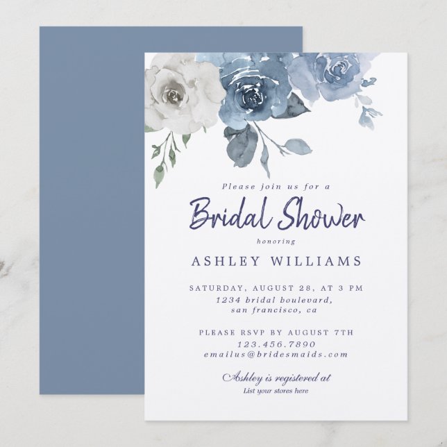 Invitation Fête des mariées Rose chic Dusty Blue Ivory (Devant / Derrière)