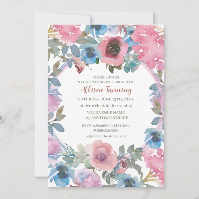 Invitation Fête des mariées Rose d'aquarelle bleu rose poussi (Devant)