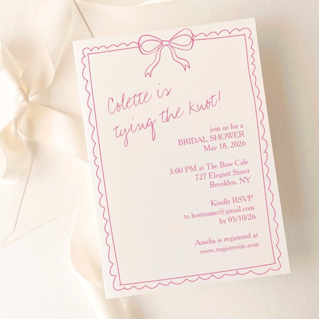 Invitation Fête des mariées rose Élégante à la main de la fil (A romantic, timeless pink bridal shower invitation with a delicate bow and chic scalloped border.)
