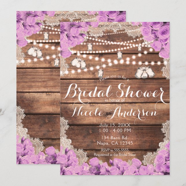 Invitation Fête des mariées Rose en dentelle de bois rustique (Devant / Derrière)