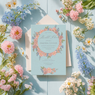 Invitation Fête des mariées rose et bleu shabby chic florales