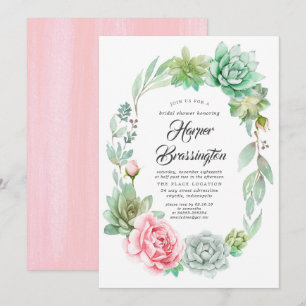 Invitation Fête des mariées rose fleurie de couronnes succule