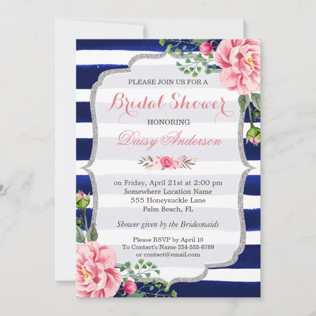 Invitation Fête des mariées rose Floral Argent Bleu Grandes (Devant)