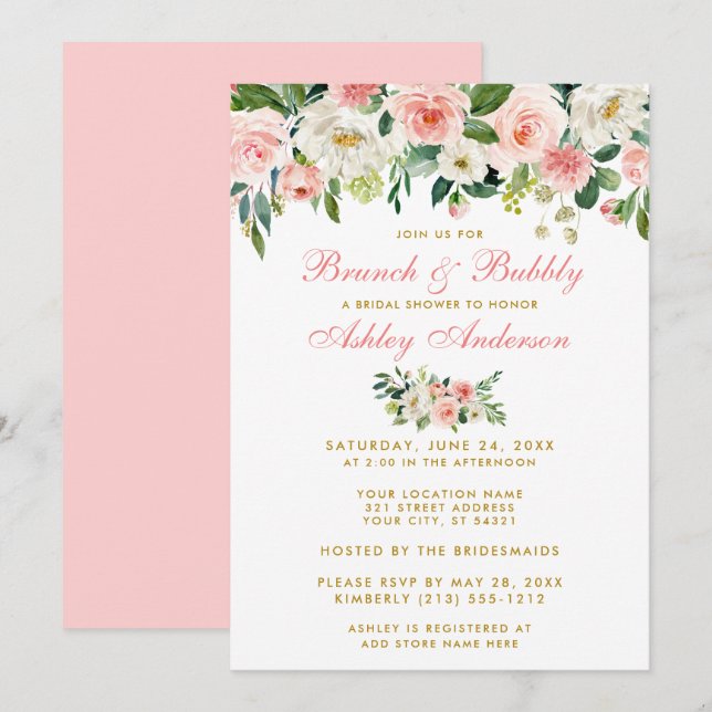 Invitation Fête des mariées rose Floral Brunch Gold Invitatio (Devant / Derrière)