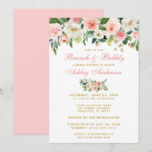 Invitation Fête des mariées rose Floral Brunch Gold Invitatio