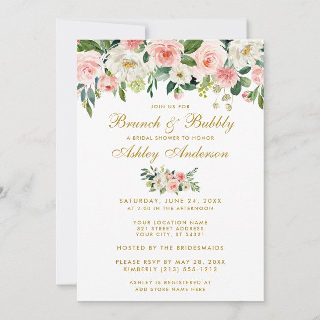 Invitation Fête des mariées rose Floral Brunch Gold Invitatio (Devant)