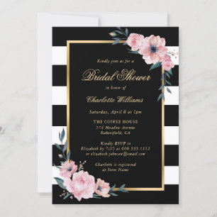 Invitation Fête des mariées rose Floral Gold Black Stripes