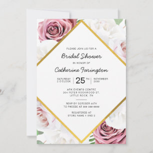 Invitation Fête des mariées rose Floral Or cadre géométrique