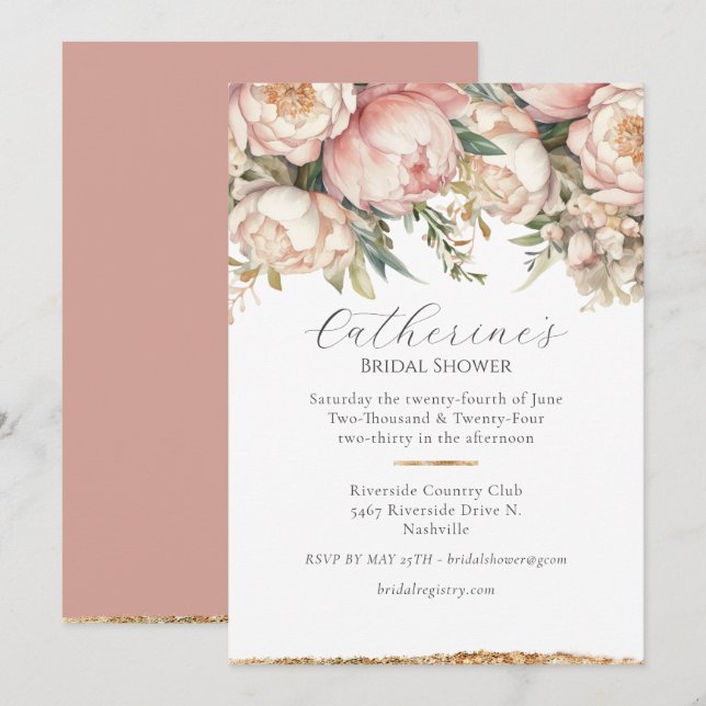 Invitation Fête des mariées rose Floral Peony Gold (Devant / Derrière)