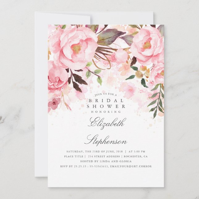 Invitation Fête des mariées rose florale élégant et moderne (Devant)