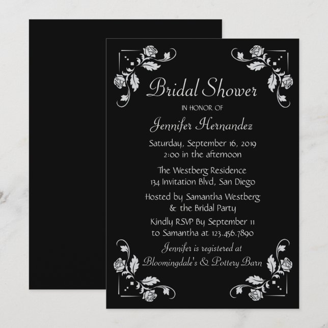 Invitation Fête des mariées Rose florale Mariage noir et gris (Devant / Derrière)