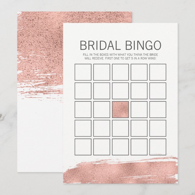 Invitation Fête des mariées rose Gold Brushstroke Bingo Jeu (Devant / Derrière)