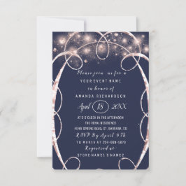 Invitation Fête des mariées Rose Gold Confetti Blue Navy